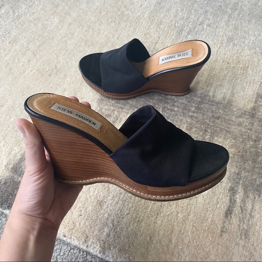 y2k Steve Madden black slinky style wedge mules